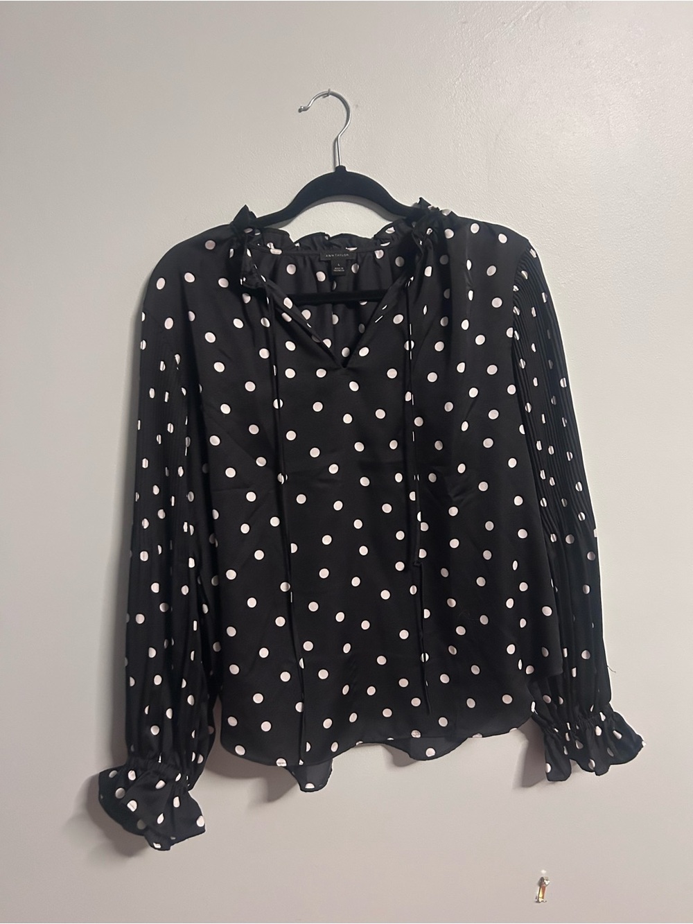 Ann Taylor Black Blouse with White Polka Dots